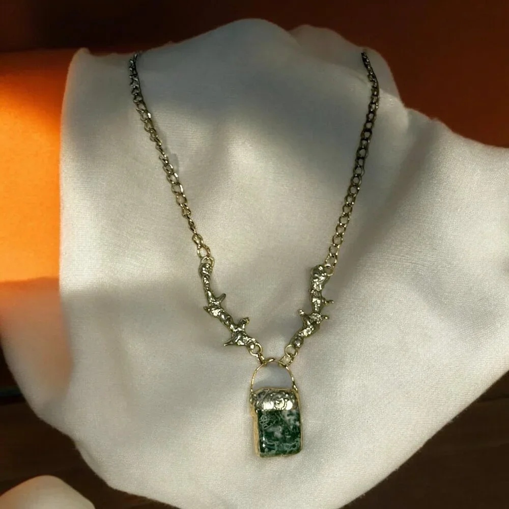 Moss Agate Pendant & Thorn Necklace Crafted w/ Silver Blend Brutalist Metalwork